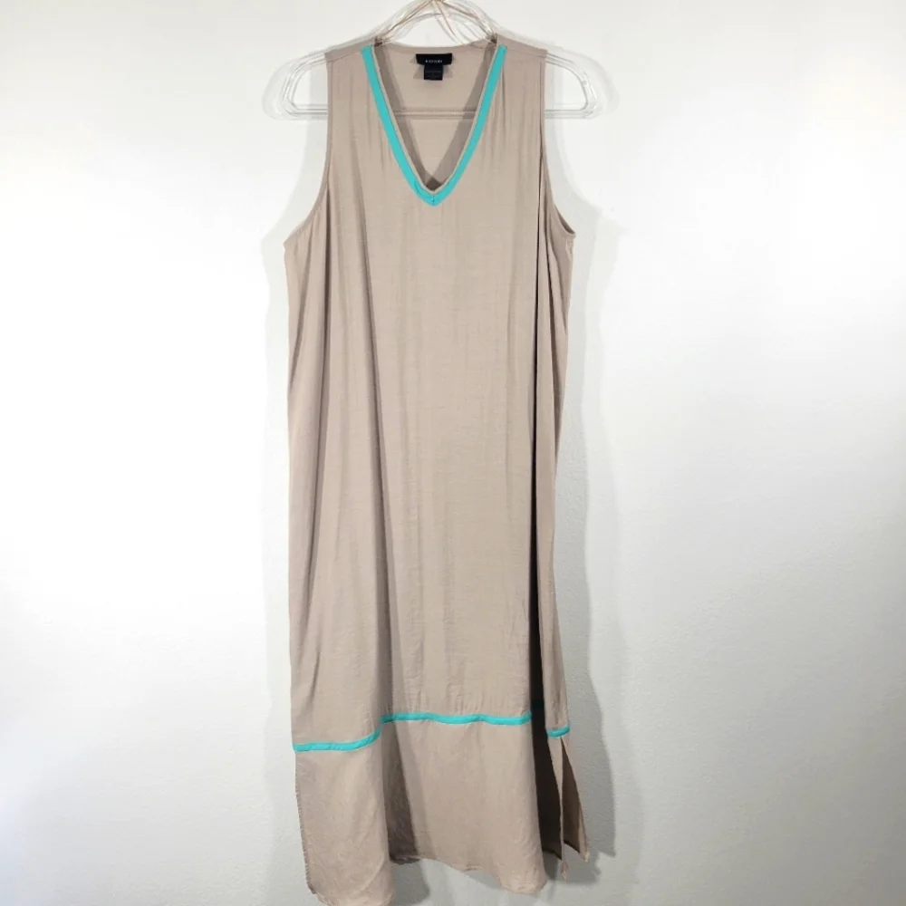 NATORI tan 'V' neck sleeveless long maxi nightgown sleep dress teal trim Large